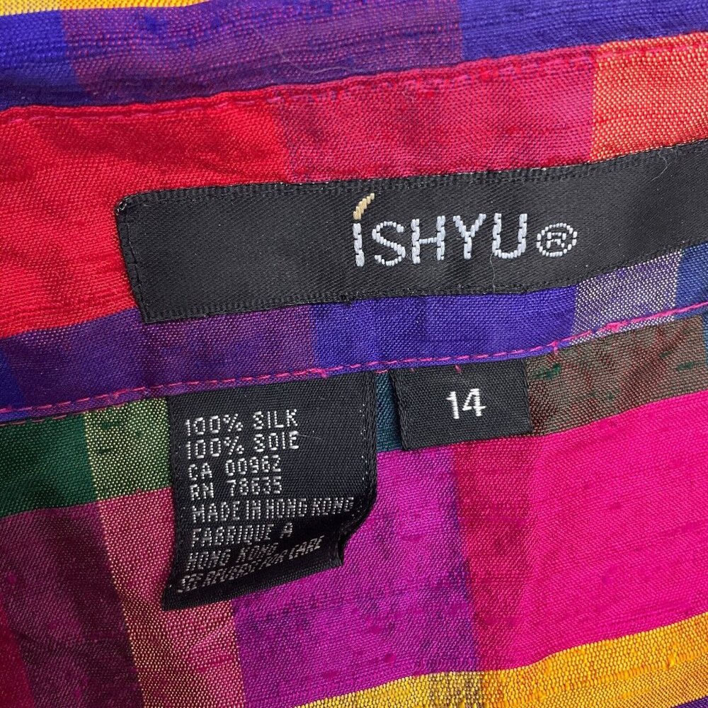 Ishyu Blouse Women‎ 14 Pink Blue Red Madras Plaid Gold Buttons Party Hong Kong - Picture 3 of 11